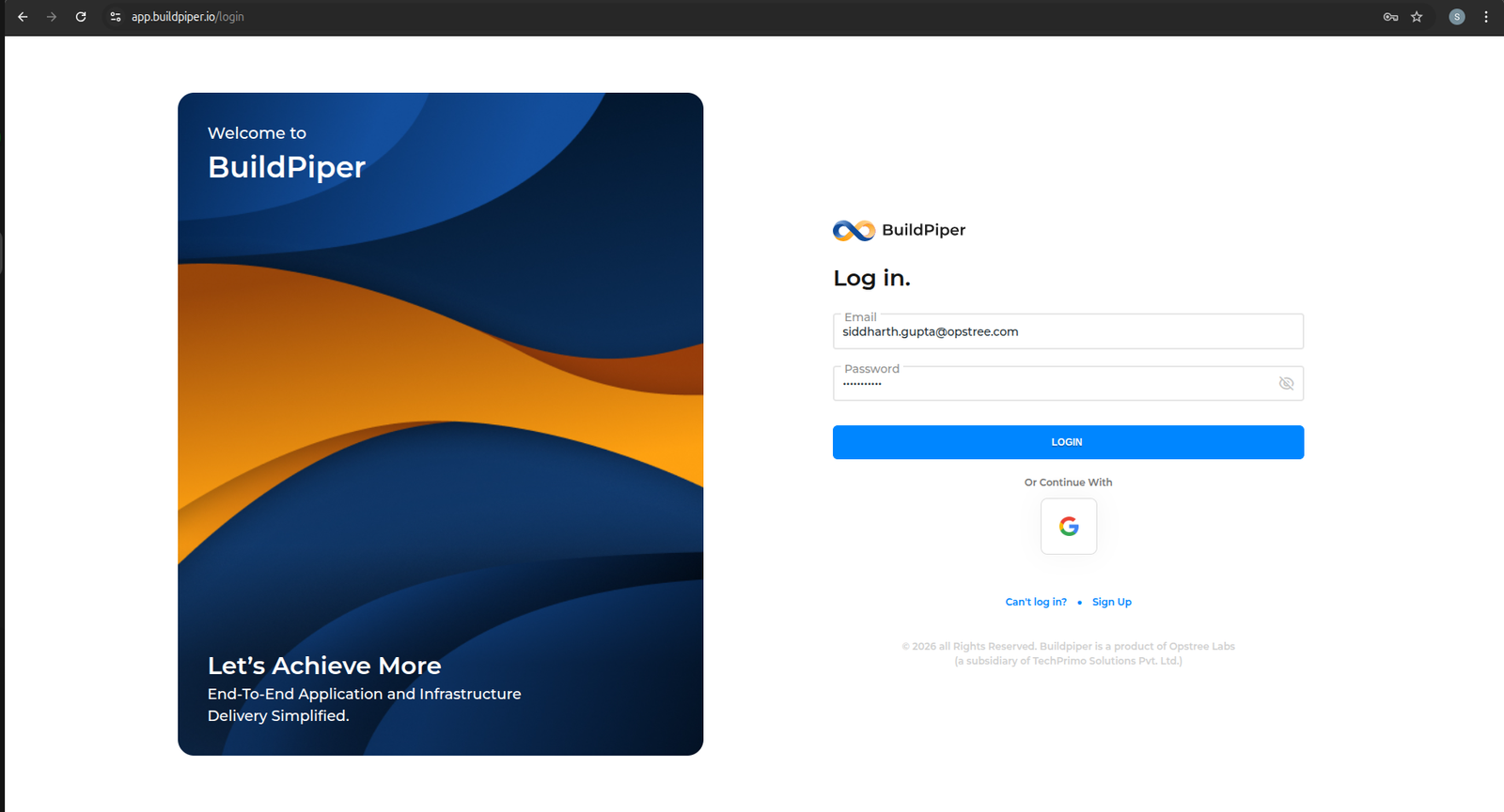 BuildPiper Console Login Screen