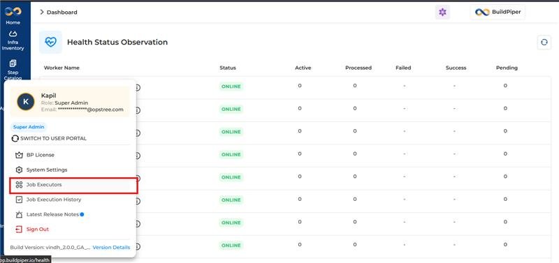 User Accessing Job Executors from Bottom User Panel