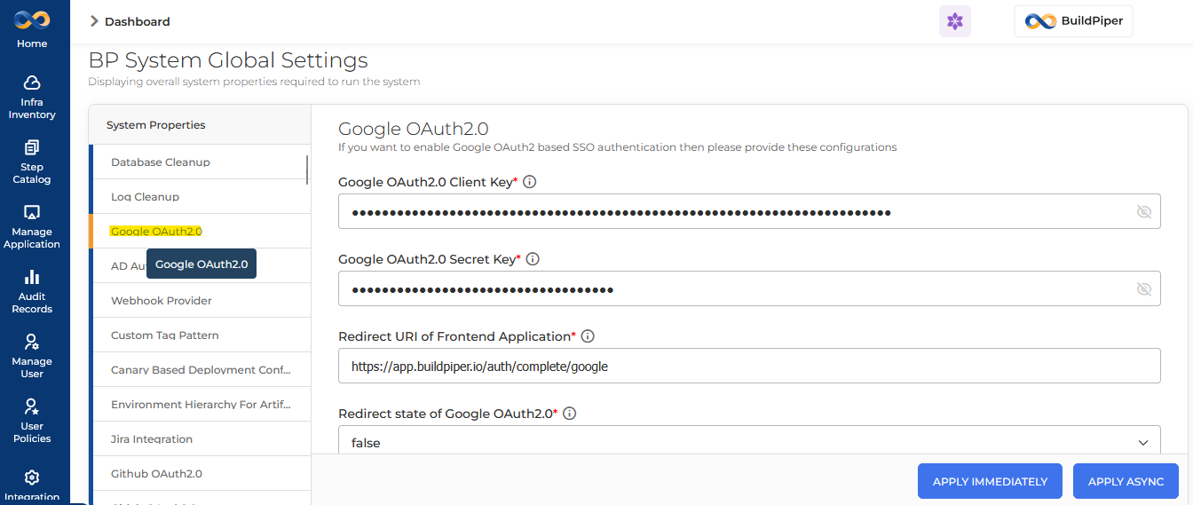 Google OAuth2.0 System Settings