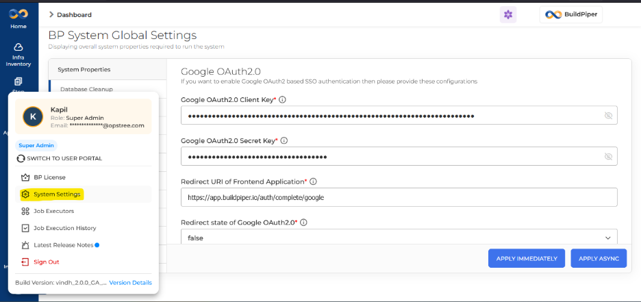 Google OAuth2.0 System Settings