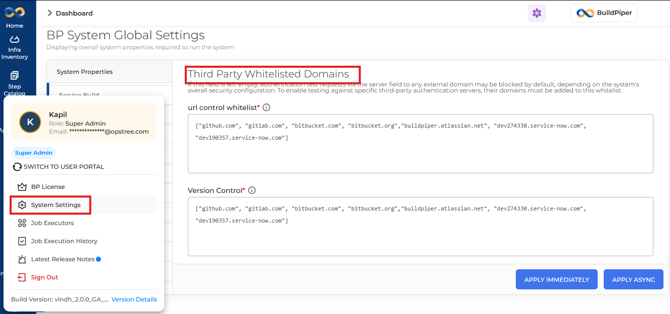 Third Party Whitelisted Domains — System Settings Screen