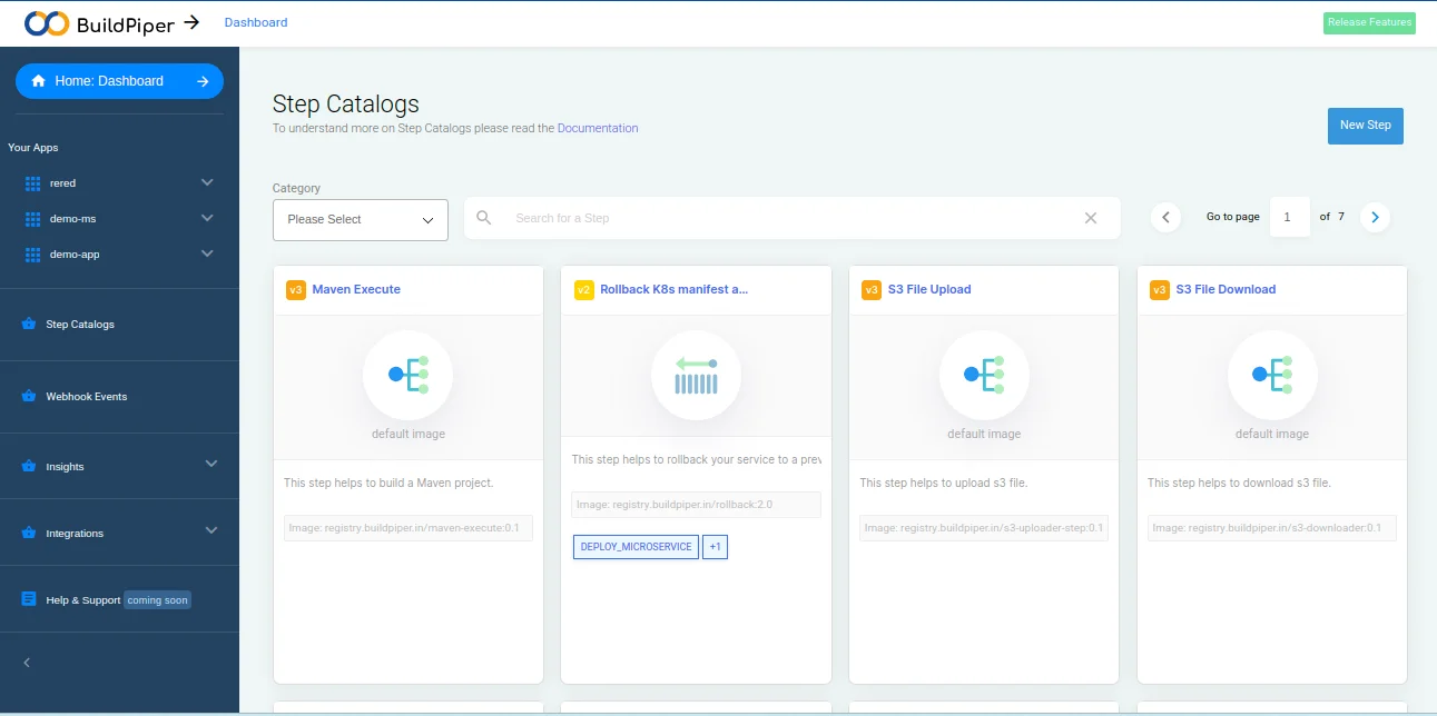 BuildPiper Step Catalog screen showing available pipeline steps