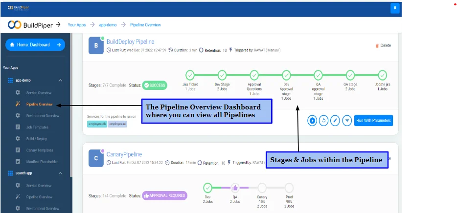 BuildPiper Pipeline Jobs configuration screen