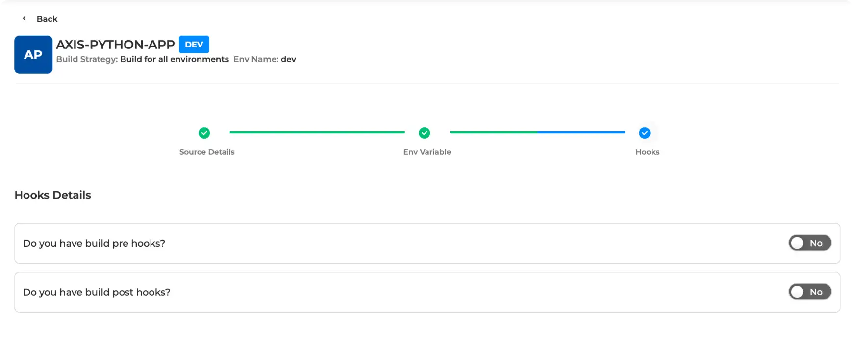 BP Snapshot: Configuring build for a service — CI Hooks pre and post