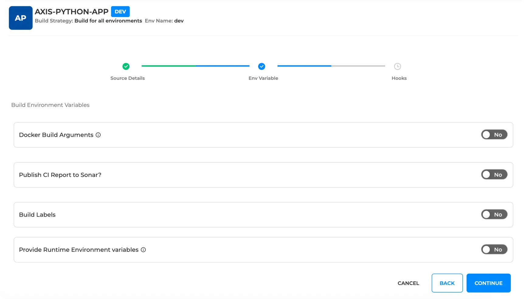 BP Snapshot: Configuring build for a service — CI Env Variables