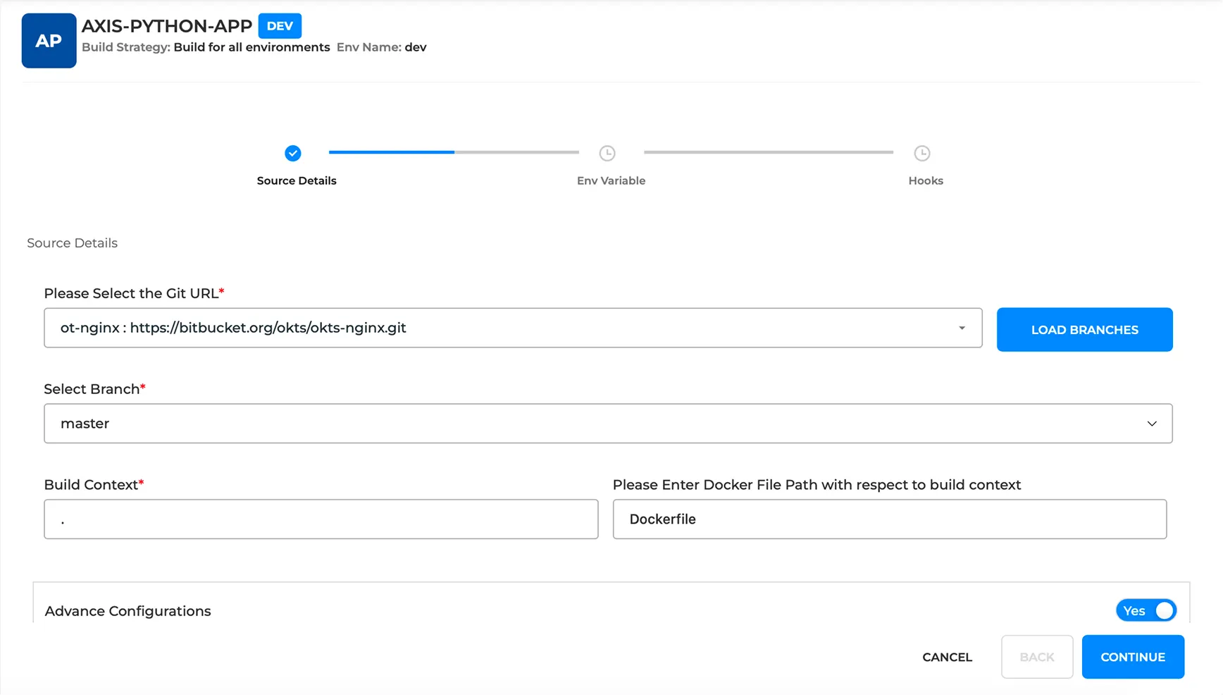 BP Snapshot: Configuring build for a service — CI Source Details