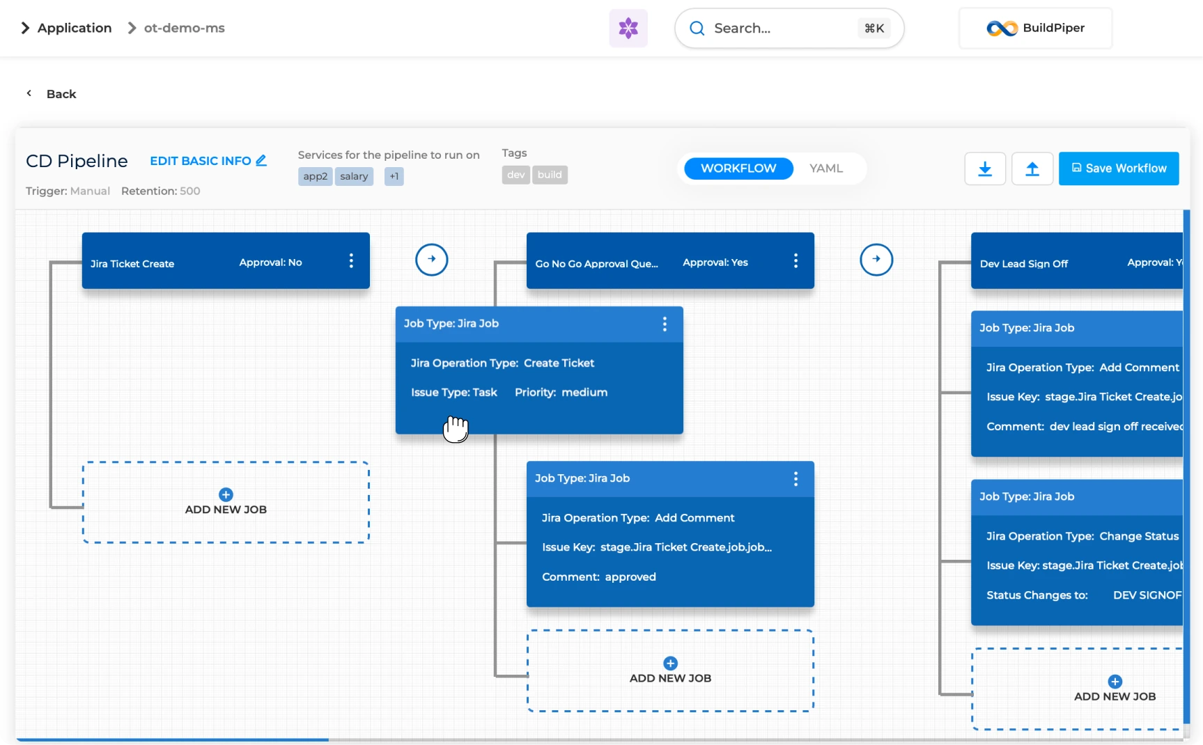 BP Snapshot: Visual Pipeline Workflow Builder canvas with drag and drop stages and jobs