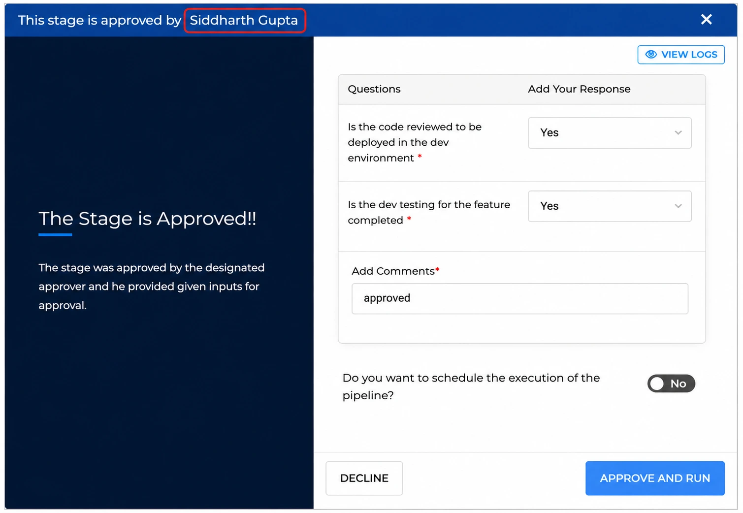 BP Screenshot: BI UI Capturing the user approval details and questionnaires