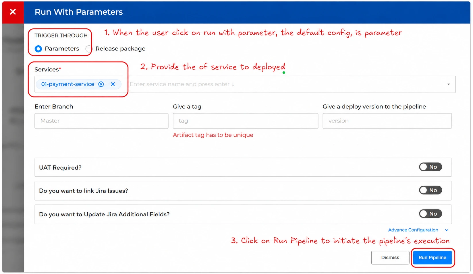 BP Screenshot: Run-with-parameter workflow of pipeline