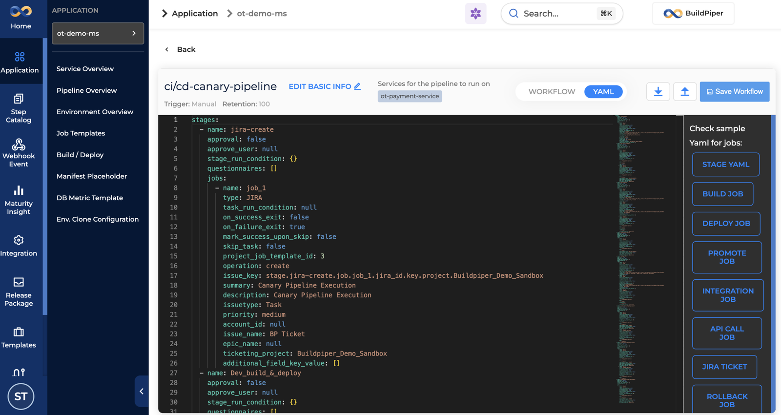 BP Snapshot: YAML based pipeline creation showing YAML upload and configuration