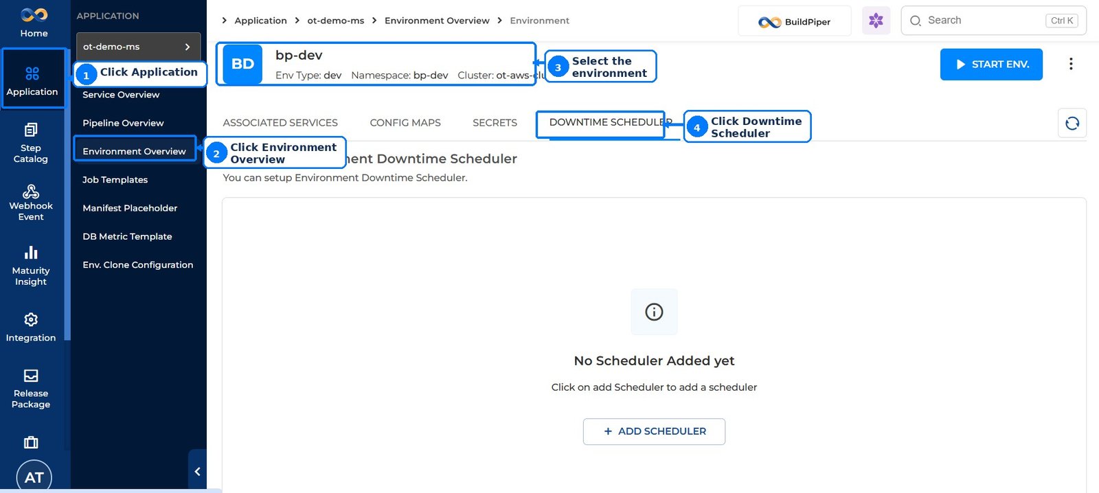 Downtime Scheduler tab of an environment